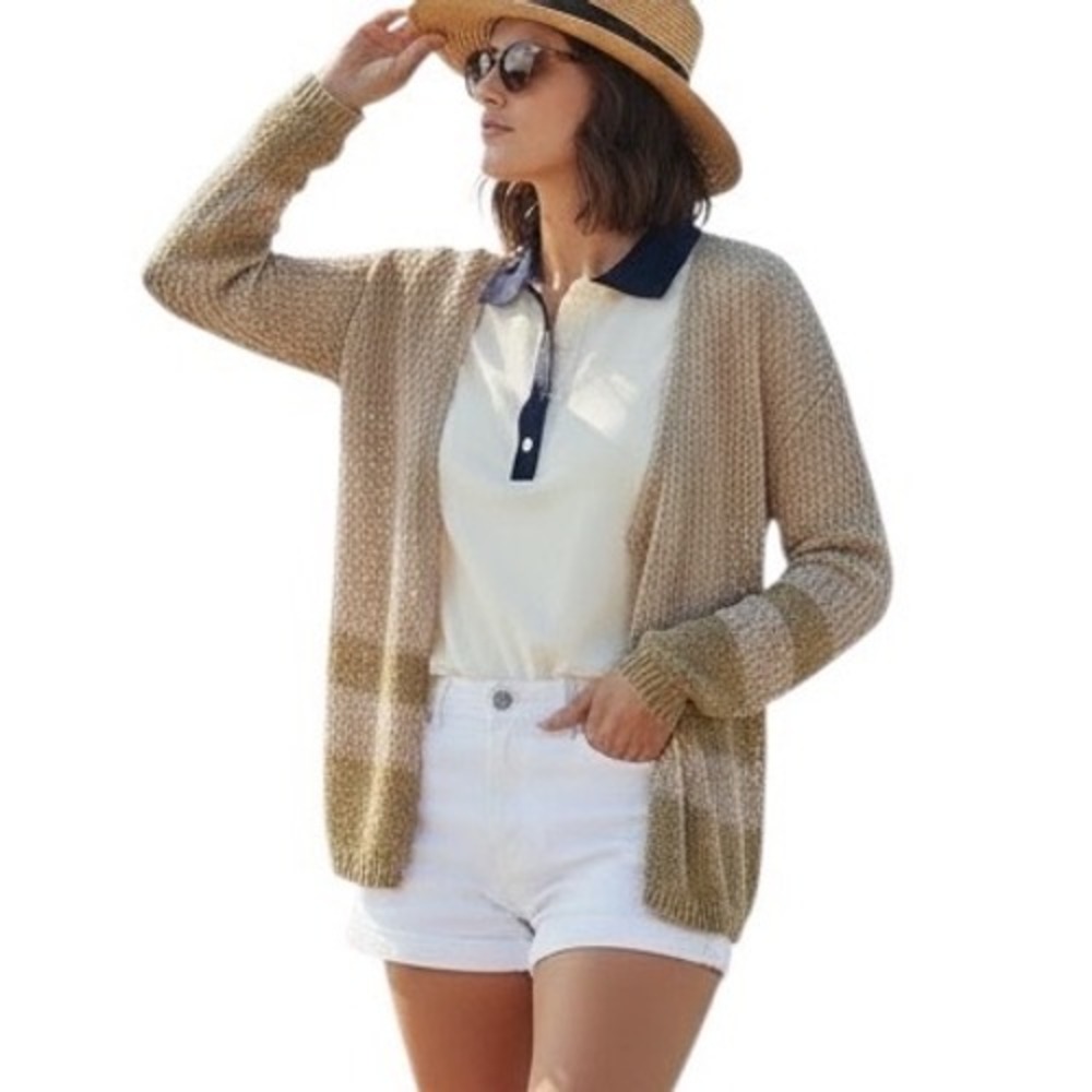 LOFT Women Linen Blend L Fisherman Costal Nautical Crochet Tan Relax Cardigan
